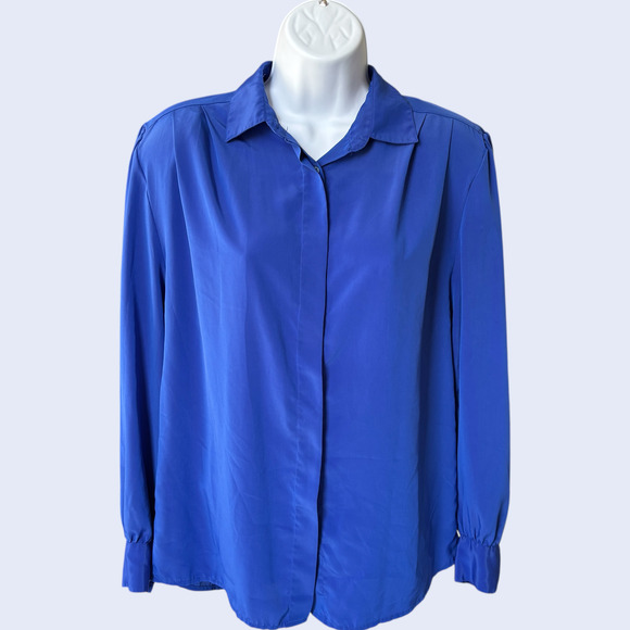 TJN by Mervyn’s cobalt blue hidden-placket long sleeve blouse sz 10 80s/90s - Picture 1 of 4